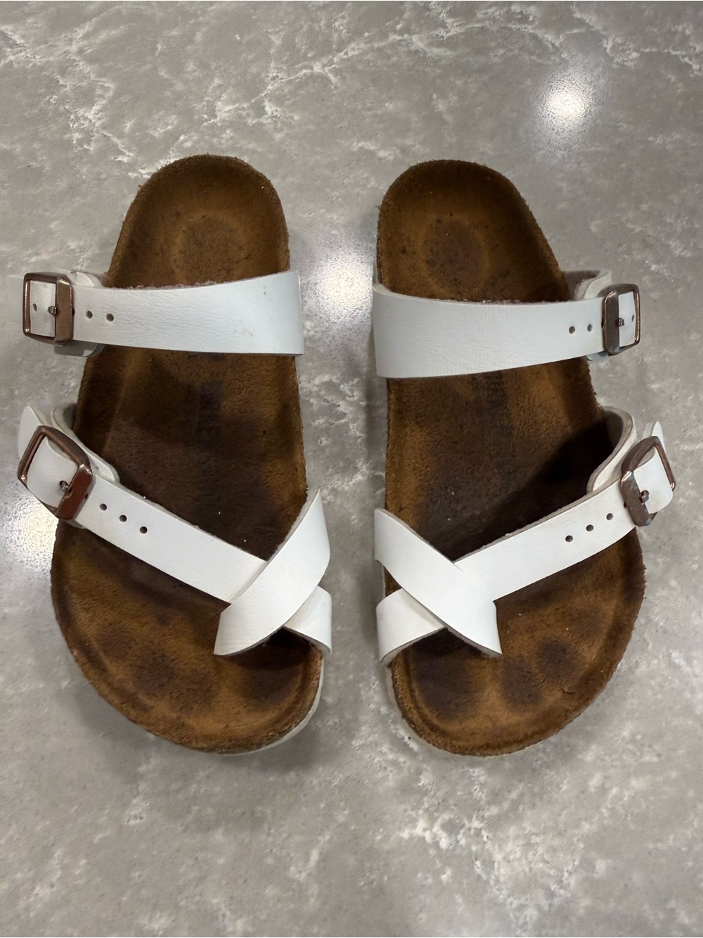 White Double Strap Footbed Sandals Size 10 Cork Style Buckle Slides EUC